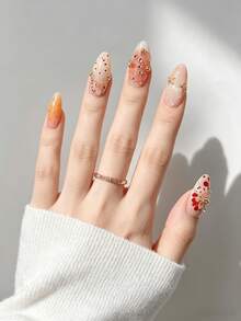 10pcs Handmade Press-On Nails, Black Gradient Medium-Long Stiletto Shape, 3D Floral Design, Daily Wear Women's Fake Nails, Adhesive Vacation Manicure, Nailrosy - Multicolor - View 4