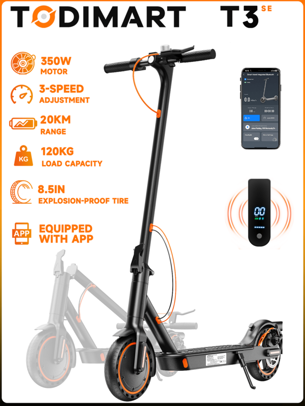 TODIMART T3SE Electric Scooter For Adults, 350W Rated Power, 36V 7.8Ah Battery, 20km Max Range, 8.5-Inch Solid Tires, Aluminum Alloy Body, Foldable For Easy Storage, Equipped With Mobile App