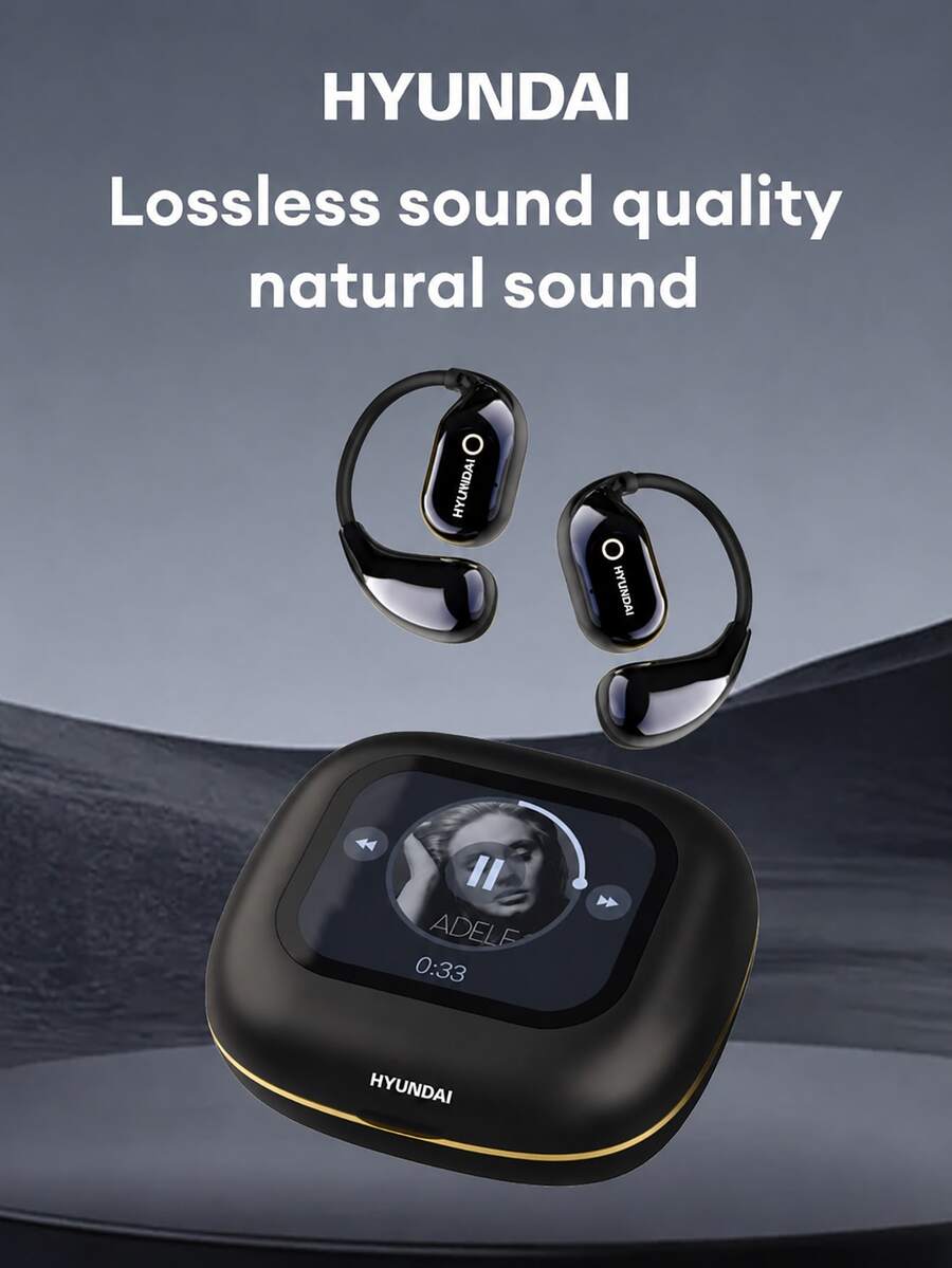 HYUNDAI Q18PRO AI 藍牙耳機,高保真立體聲,定向傳輸,ENC 智能降噪,高靈敏度麥克風適用於語音通話、音樂、遊戲、電影,低延遲,長電池續航力,數位顯示,多功能影音同步,耳掛式無線耳機 - 黑色 - 查看 1