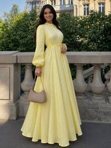 Women's Solid Yellow Belted Maxi Dress, Long Sleeve Flowy A-Line Dress With Tie Waist - Yellow - View 4