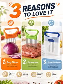 Vegetable Slicing Holder & Meat Tenderizer Tool, Stainless Steel Prongs Onion Slicing Assistant With Curved Handle, Handheld Food Fixing Tool For Onion Tomato Lemon Cutting & Meat Marinating, Compact Kitchen Gadget With Protective Sleeve Dishwasher - View 1