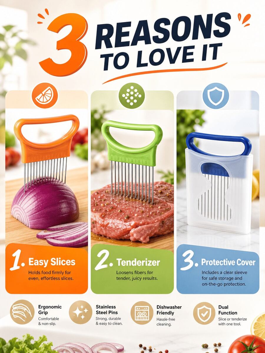 Vegetable Slicing Holder & Meat Tenderizer Tool, Stainless Steel Prongs Onion Slicing Assistant With Curved Handle, Handheld Food Fixing Tool For Onion Tomato Lemon Cutting & Meat Marinating, Compact Kitchen Gadget With Protective Sleeve Dishwasher - View 1