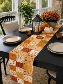 1pc-Fall Table Runner 72 Inch, Autumn Patchwork Table Runner With Pumpkin Leaf Plaid Design, Linen Texture Thanksgiving Table Decor, Rustic Farmhouse Dining Table Runner For Kitchen, Harvest Season Home Party Decoration - Multicolor - View 6