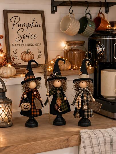 3pcs Vintage Plaid Standing Witch Figurines, Witch Decor, Autumn Fireplace Mantel Tiered Tray Decoration, Primitive Style Witch Standing Decor, Halloween Decoration, Indoor Outdoor Tabletop Centerpiece, Halloween Party Supplies, Shelf Decor, Autumn Home Decor