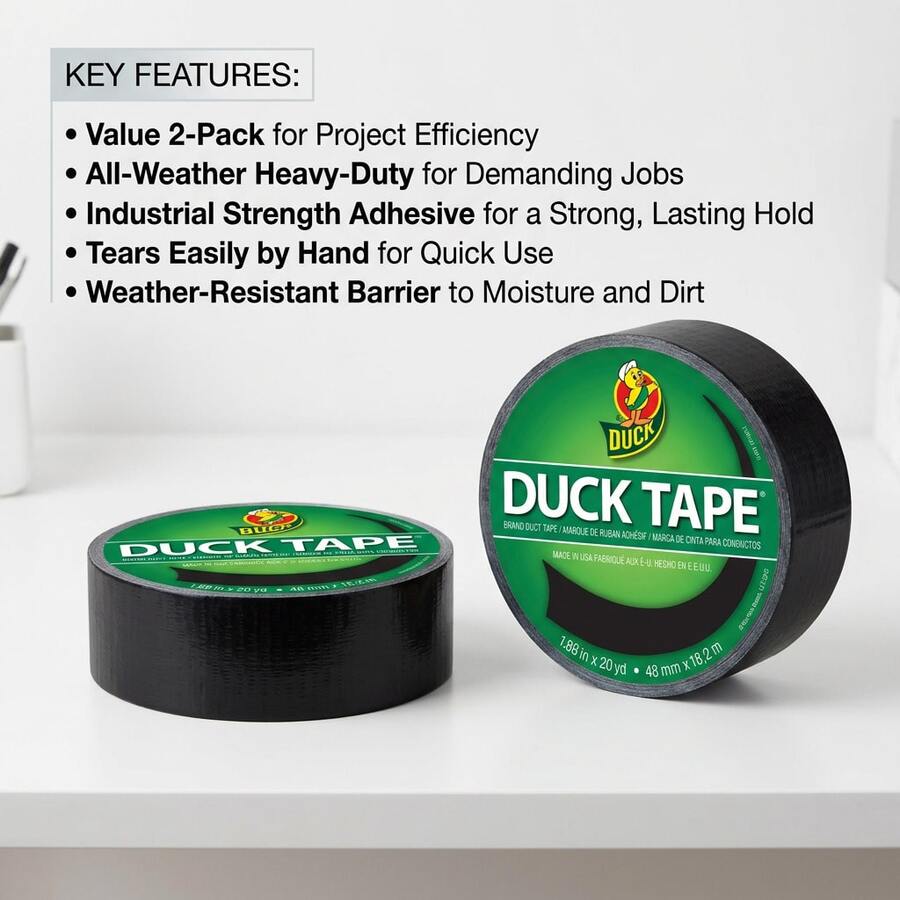1.88" X 20 Yards Black Heavy Duty Duct Tape, Industrial Grade Strong Adhesive General Purpose Repair Tape, Durable Multipurpose Waterproof Tape For Home, Auto, DIY, 60 Ft Roll - one-size - View 1