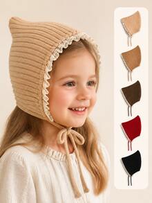 1pc Girls Lace Trim Knitted Earflap Hat, Autumn/Winter Warm Tie-Up Beanie, Multiple Colors Available - Multicolor - View 1