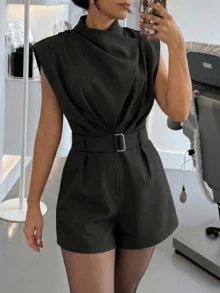 女款黑色夏季連身褲，風衣領、繫帶肩帶、無袖、收腰設計 - 黑色 - 查看 4