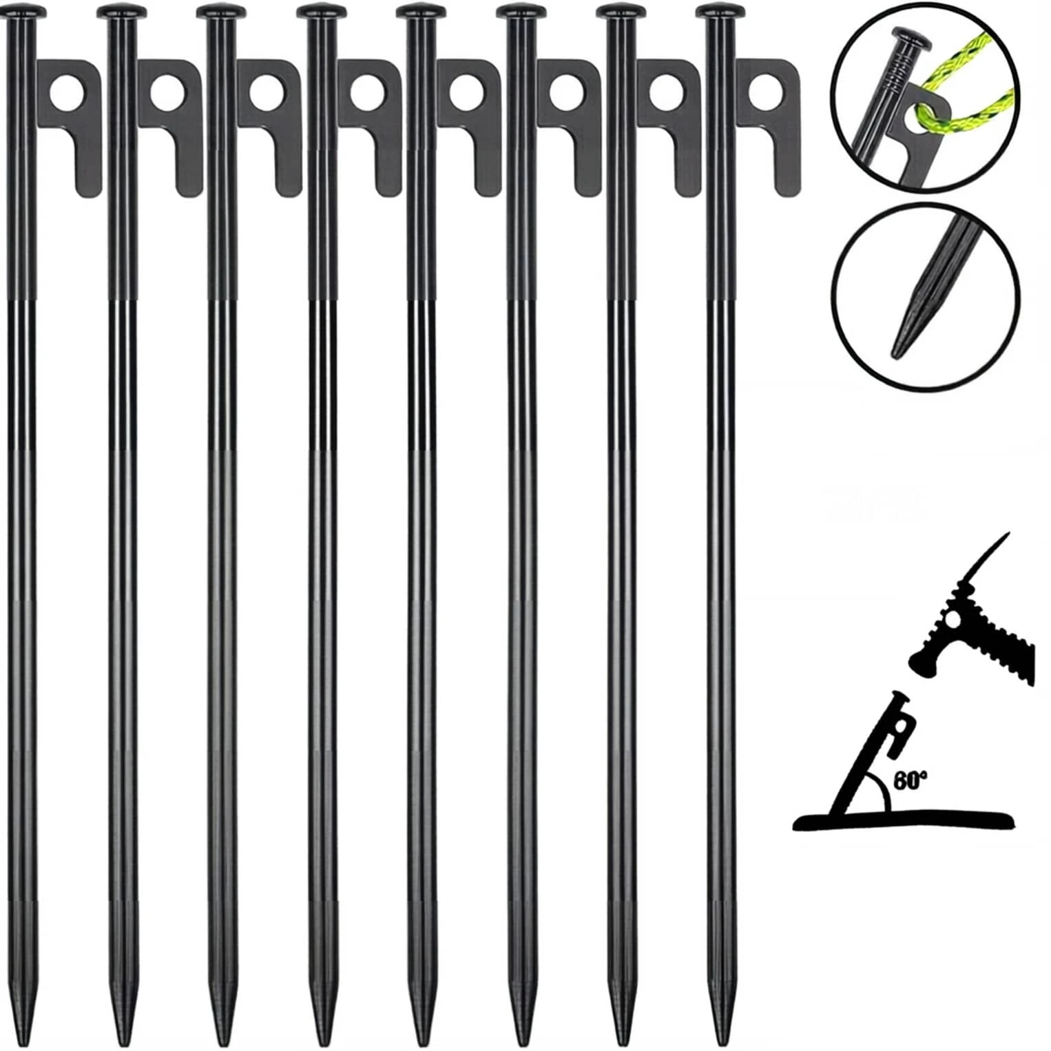 IEMIEBSHA 8 Pack Heavy Duty 12 Inch Steel Tent Stakes For Camping, Unbreakable Metal Tent Pegs With T-Handle & Rope Holes, Rust Resistant Ground Anchors For Canopy Awning Outdoor