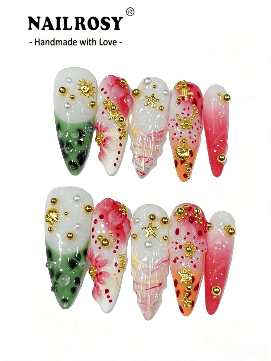 Autumn Vibe 10pcs Handmade Press-On Nails, Black Gradient Medium-Long Pointed Nails With 3D Flower Design, Daily Wear Women's Fake Nails, Adhesive Vacation Manicure Nailrosy