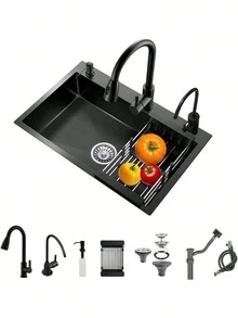 LY Fregadero de cocina Fregadero de cocina moderno Con grifo de tres funciones, grifo de agua filtrada y dispensador de jabón para satisfacer todas las necesidades del hogar. Un fregadero esencial para las cocinas contemporáneas(55 cm * 45 cm * 21 cm) - Negro - Ver 1