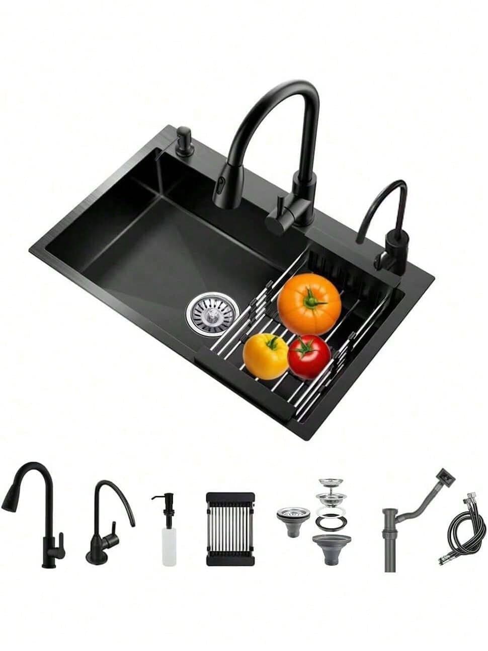 LY Fregadero de cocina Fregadero de cocina moderno Con grifo de tres funciones, grifo de agua filtrada y dispensador de jabón para satisfacer todas las necesidades del hogar. Un fregadero esencial para las cocinas contemporáneas(55 cm * 45 cm * 21 cm) - Negro - Ver 1