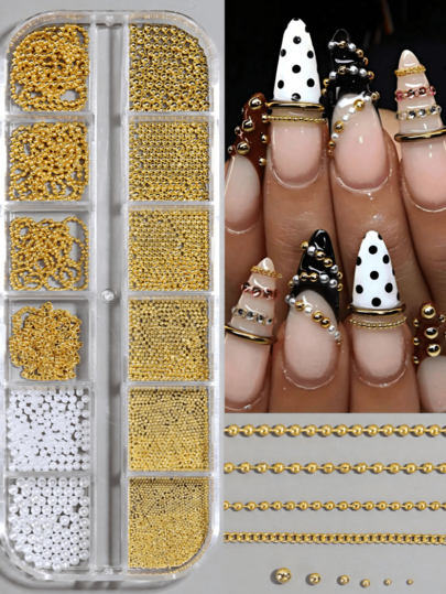 12-Grid 3D Vintage Luxury Nail Art Charms, Metal Chain Mixed With Pearl Steel Beads, Nail Gems And Rhinestones, Y2K Gothic Punk Style Nail Decorations, Nail Salon Accessories, DIY Nail Art Supplies