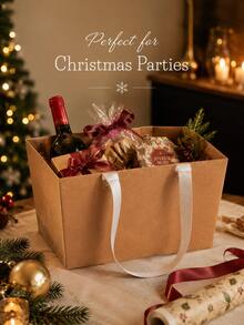 1/5/10/20pcs Kraft Paper Gift Baskets With Fabric Handles, Foldable Paper Gift Bags, Christmas Eve Gift Packaging Boxes, Reusable Handheld Gift Bags, Suitable For Christmas, Weddings, Parties, Gatherings Decoration, Holiday Gift Packaging Containers, Random Style - Multicolor - View 1