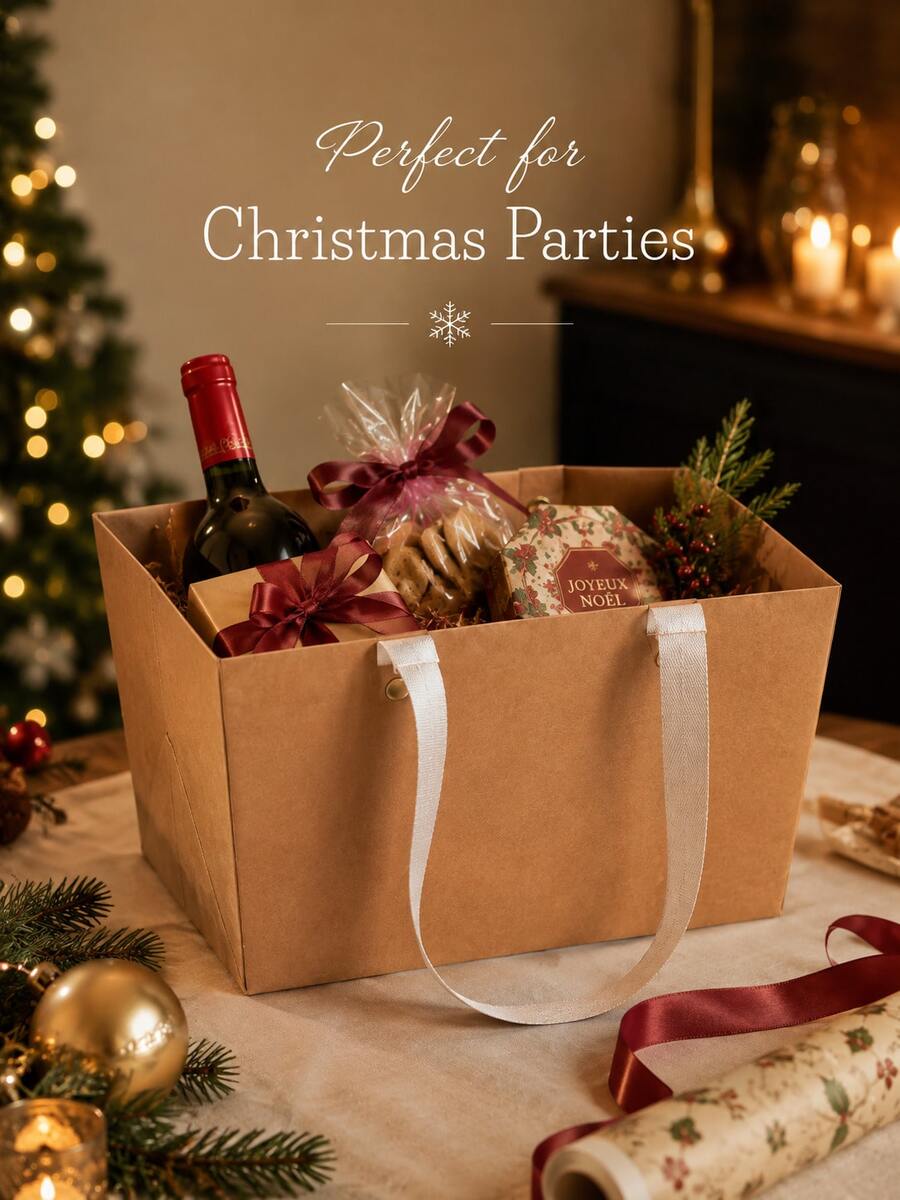 1/5/10/20pcs Kraft Paper Gift Baskets With Fabric Handles, Foldable Paper Gift Bags, Christmas Eve Gift Packaging Boxes, Reusable Handheld Gift Bags, Suitable For Christmas, Weddings, Parties, Gatherings Decoration, Holiday Gift Packaging Containers, Random Style - Multicolor - View 1