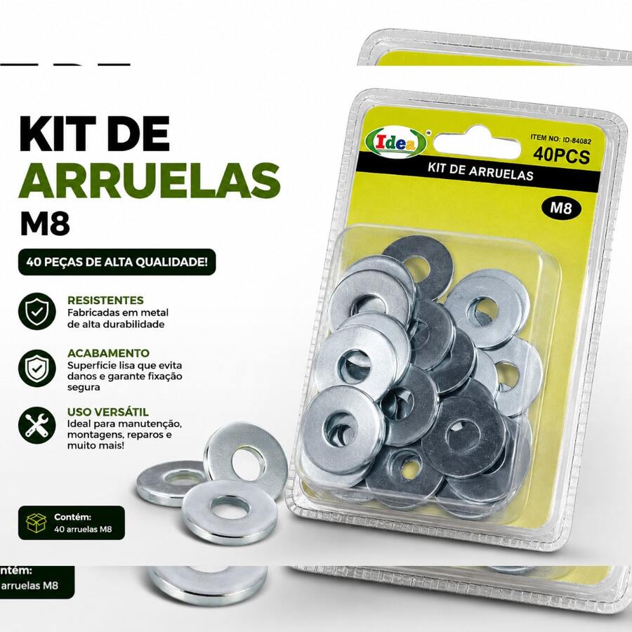 Kit de Arruelas M8 40 Peças Aço Zincado para Parafusos e Fixações Alta Resistência - 40 PÇS - Visão 1