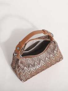 Bolso de hombro tejido con espiga vintage, bolso de mano retro de tela a rayas con correa ajustable de cuero sintético, bolso de hombro pequeño ligero y casual para uso diario, viajes, compras y citas - Marrón - Ver 4