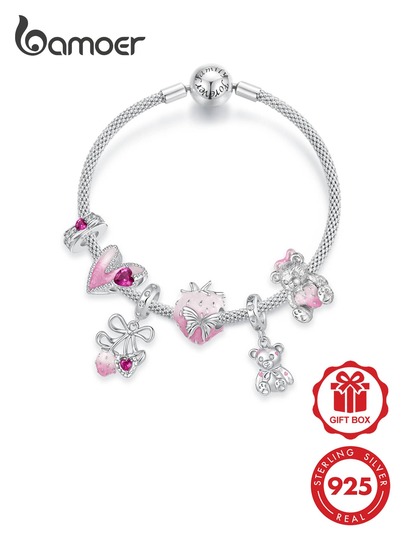 Bamoer 925 Sterling Silver Pink Strawberry Bear Charm Bracelet, Sweet Heart Bow DIY Beads Bangle, Gift For Women