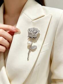 Elegant Dark Rose Brooch, High-End Women's Brooch, Elegant Full Rhinestone Rose Corsage, Niche Design Pin - Silver - View 5