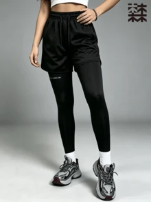 mulinsen Women's 2-In-1 Athletic Leggings, Elastic Drawstring Waist, Quick-Dry Mesh Outer Shorts, Outdoor Workout, Gym, Daily Training - Black - View 4