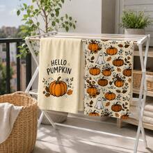 2pcs, Autumn Halloween Theme Towels, Single-Sided Print, Rectangular, Cartoon Pumpkin 2D Design, Soft And Comfortable, Durable, Odorless, Suitable For Bathroom, Kitchen, Beach And Pool - Multicolor - View 4