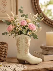 1pc Resin Vintage Western Cowboy Boot Vase - Beige High-End Rustic Farmhouse Style Decor Flower Arrangement Container Home Decor Desktop Resin Crafts - 1PC - View 1