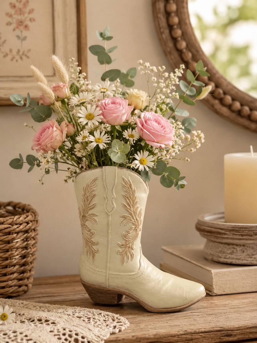 1pc Resin Vintage Western Cowboy Boot Vase - Beige High-End Rustic Farmhouse Style Decor Flower Arrangement Container Home Decor Desktop Resin Crafts - 1PC - View 1