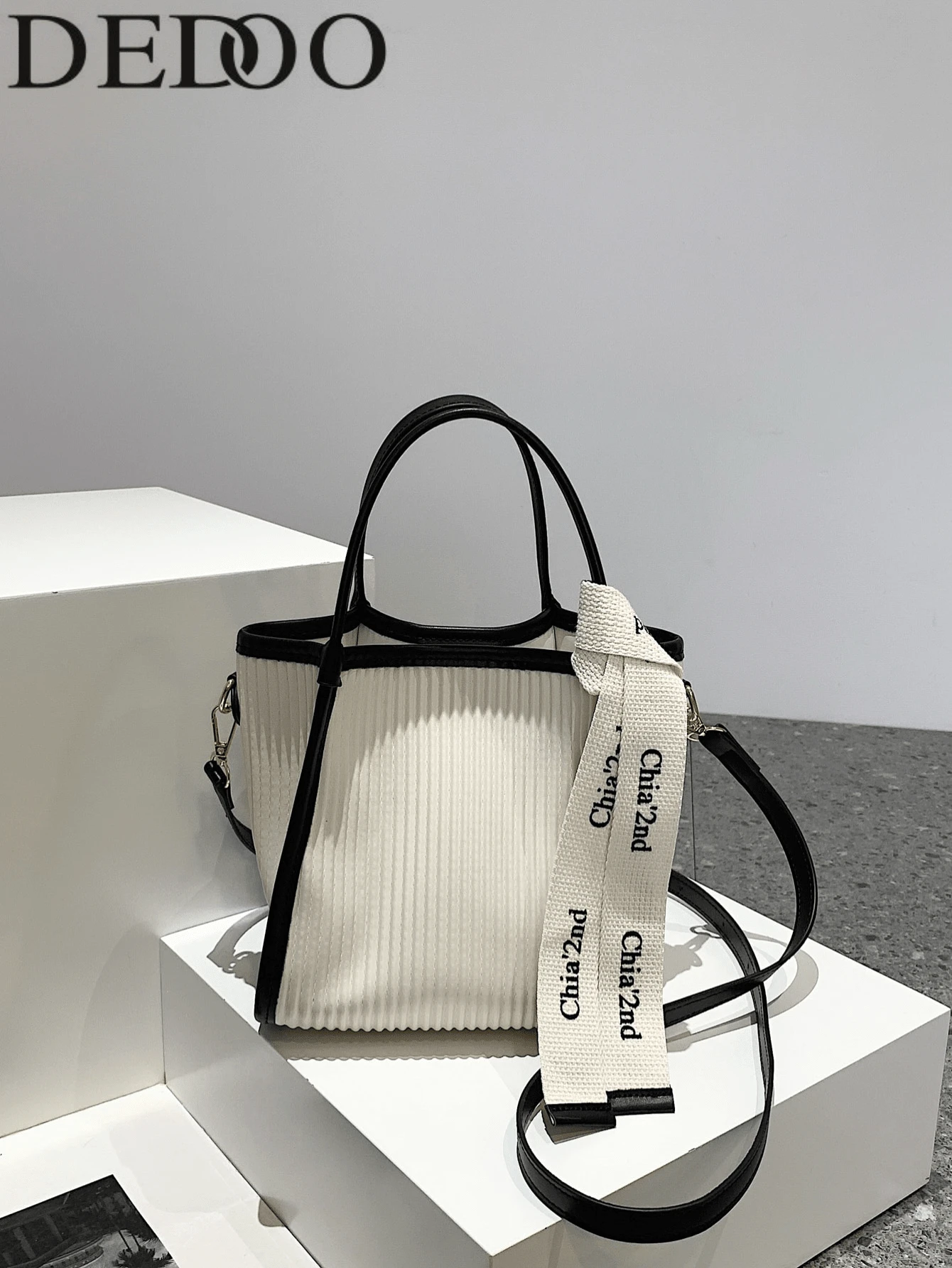 Dedoo Letter Ribbon Decor Contrast Color Trim Square Bag (Random Silk Scarf Gift)