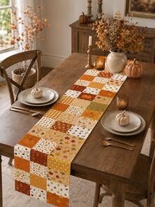1pc-Fall Table Runner 72 Inch, Autumn Patchwork Table Runner With Pumpkin Leaf Plaid Design, Linen Texture Thanksgiving Table Decor, Rustic Farmhouse Dining Table Runner For Kitchen, Harvest Season Home Party Decoration - Multicolor - View 2