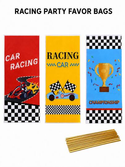 3 piezas/50 piezas Bolsas de regalo con tema de carreras, bolsas de embalaje de aperitivos con estampado de bandera a cuadros y trofeo de colores, adecuadas para cumpleaños, eventos de día de carreras, caramelos, aperitivos, fiestas al aire libre y suministros decorativos para celebraciones, reutilizables
