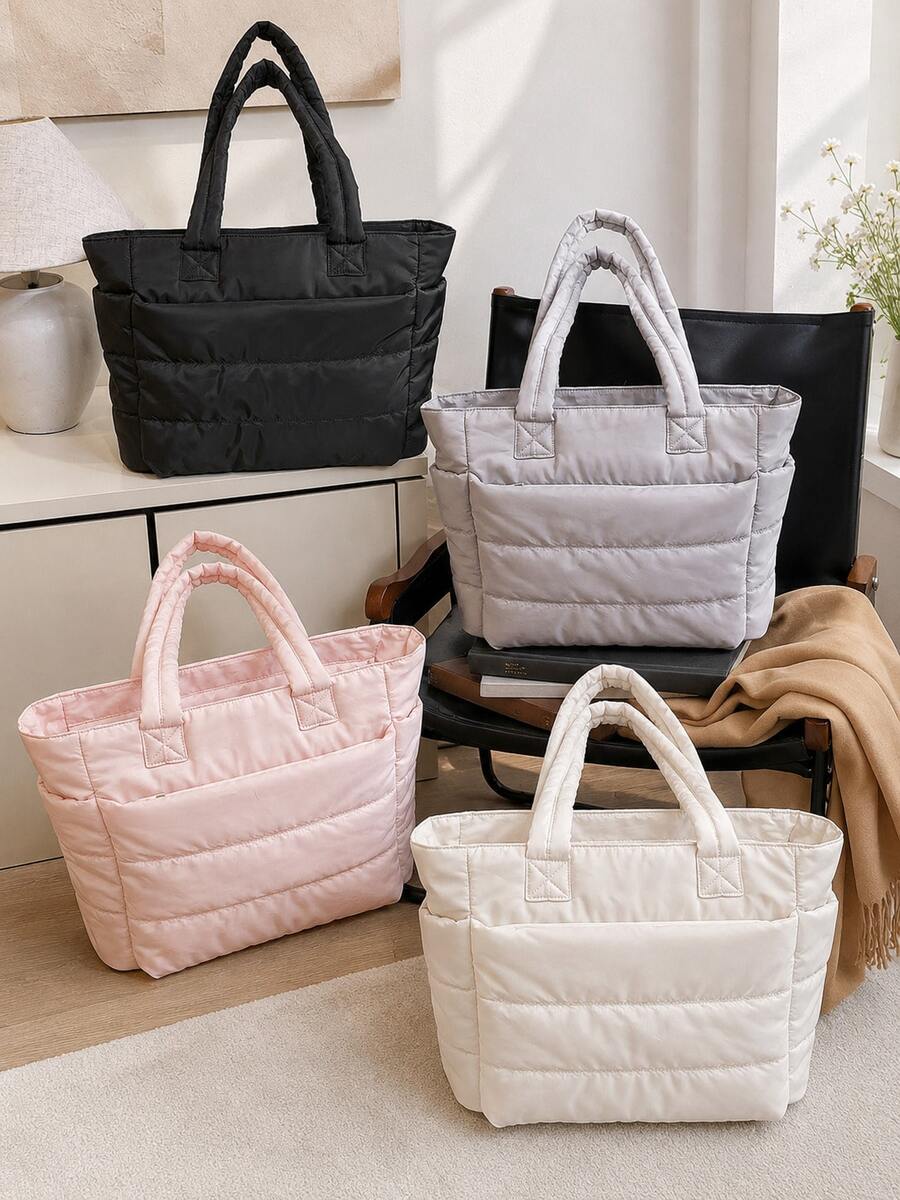 1 pieza Bolso tote acolchado para mujer, diseño de bolsillo delantero de gran capacidad, asas dobles, adecuado para la temporada escolar, desplazamientos, yoga, viajes cortos, almacenamiento diario