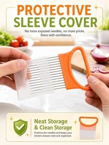 Vegetable Slicing Holder & Meat Tenderizer Tool, Stainless Steel Prongs Onion Slicing Assistant With Curved Handle, Handheld Food Fixing Tool For Onion Tomato Lemon Cutting & Meat Marinating, Compact Kitchen Gadget With Protective Sleeve Dishwasher - View 6