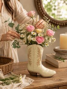 1pc Resin Vintage Western Cowboy Boot Vase - Beige High-End Rustic Farmhouse Style Decor Flower Arrangement Container Home Decor Desktop Resin Crafts - 1PC - View 8
