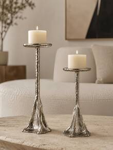 Textured Hammered Silver Tall Candle Holder, Asymmetrical Wavy Base Pillar Candle Stand, Vintage Luxury Tabletop Candlestick For Living Room, Dinner Party, Home Decor - Copper Hill Candle Holder - View 5
