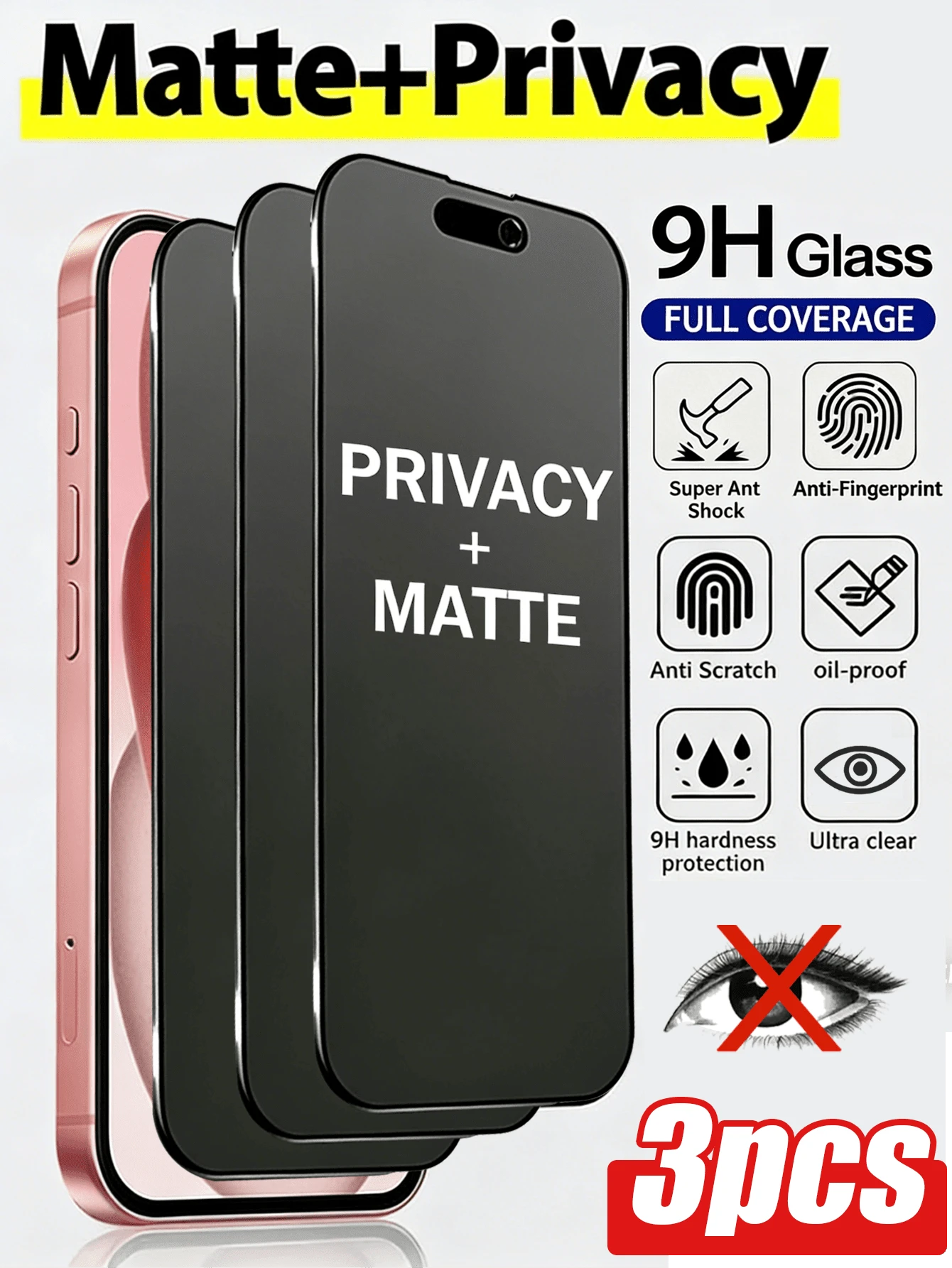 3pcs, Matte Anti-Peeping Screen Protector, Matte Screen, Silky Touch, Anti-Peeping Protection, Side Invisible, Electroplated Oleophobic Layer, Anti-Peeping, Waterproof, Oil-Resistant, Anti-Fingerprint. Suitable For Office, Outdoor, Travel And Other Scenarios. Compatible With IPhone Ultra/18 Pro Max/18 Pro/18/17E/17 Pro Max/17 Pro/17 Air/17/16e/16 Pro Max/16 Pro/16 Plus/16/15 Pro Max/15 Pro/15 Plus/15/14/13/12 And Other Models