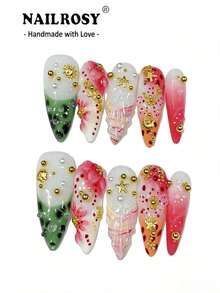 Autumn Vibe 10pcs Handmade Press-On Nails, Black Gradient Medium-Long Pointed Nails With 3D Flower Design, Daily Wear Women's Fake Nails, Adhesive Vacation Manicure Nailrosy - Multicolor - View 10