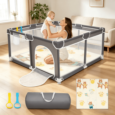Corralito para bebés con alfombra, corralito de 50″*50″ para bebés y niños pequeños, corralito para interior/exterior, centro de actividades con puerta con cremallera y malla suave