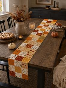 1pc-Fall Table Runner 72 Inch, Autumn Patchwork Table Runner With Pumpkin Leaf Plaid Design, Linen Texture Thanksgiving Table Decor, Rustic Farmhouse Dining Table Runner For Kitchen, Harvest Season Home Party Decoration - Multicolor - View 4