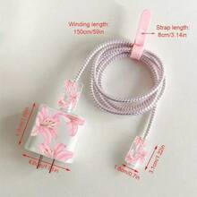 5入創意極簡花朵卡通手機數據線保護套，相容 iPhone 14 Pro Max 充電器保護套，數據線保護套，相容 iPhone 13/12/11 充電線收納器，18/20W 快充頭防斷線收納器，男友/女友禮物 - 粉色 - 查看 2