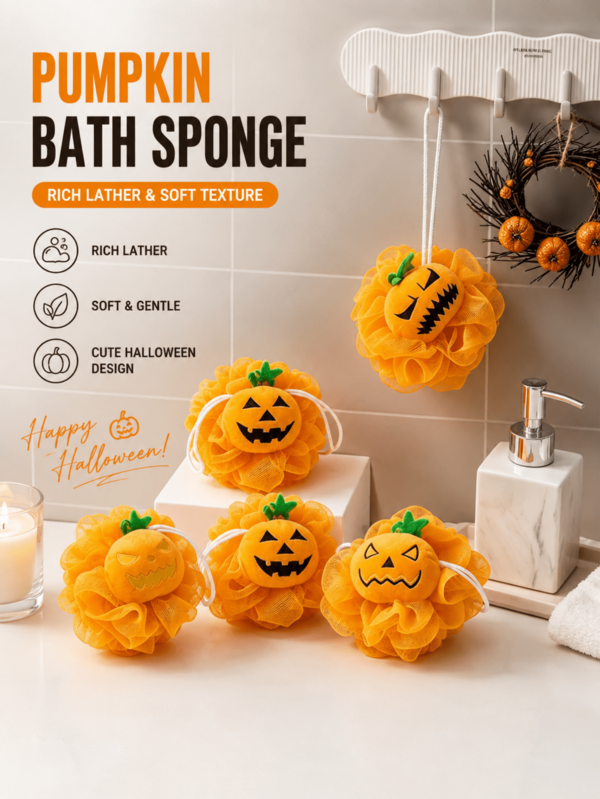 4pcs Soft Exfoliating Halloween Pumpkin Bath Sponges, Rich Lather Quick-Dry Reusable Mesh Bath Balls With Hanging Loop, Cute Jack Pumpkin Body Scrub, Suitable For Autumn Bathroom Decor And Halloween Gifts