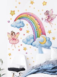 2 Styles Fairy Moon Rainbow Cloud Wall Decals, Removable Self‑Adhesive Wall Art, Home Decor, Girls Nursery Bedroom Baby Shower Decor - Multicolor - View 9