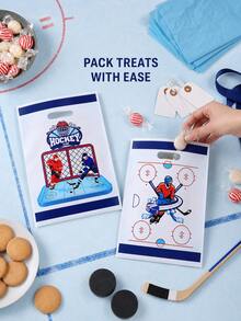 5 piezas/10 piezas Bolsas de regalo de hockey con asas recortadas, empaque de recuerdos de fiesta con estampado de jugador de pista de hielo y disco de hockey para cumpleaños, eventos de equipo, torneos, día de juego y suministros para celebraciones - Multicolor - Ver 5