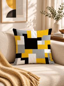 1pc Modern Abstract Patchwork Color Block Geometric Print Pillow Case [Without Pillow Insert], 40*40cm/45*45cm/50*50cm, [Single-Sided Print] Made Of Polyester Material Yellow Gray Black Mosaic Color Block Retro Plaid Sofa Atmosphere Cushion Cover Room Decor, Home Decor, Bedroom Decor, Room Decoration Stuff For Sofa, Living Room, Bedroom, Car, Office, Hotel, Homestay Decoration Pillow Covers Perfect Gift For Family And Friends - Multicolor - View 1