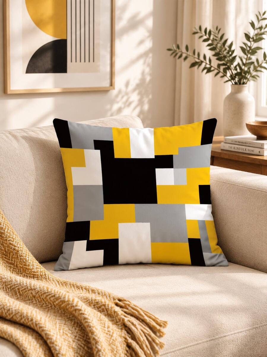 1pc Modern Abstract Patchwork Color Block Geometric Print Pillow Case [Without Pillow Insert], 40*40cm/45*45cm/50*50cm, [Single-Sided Print] Made Of Polyester Material Yellow Gray Black Mosaic Color Block Retro Plaid Sofa Atmosphere Cushion Cover Room Decor, Home Decor, Bedroom Decor, Room Decoration Stuff For Sofa, Living Room, Bedroom, Car, Office, Hotel, Homestay Decoration Pillow Covers Perfect Gift For Family And Friends - Multicolor - View 1