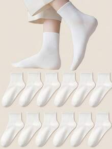 12 Pairs Women's Casual Versatile Solid Color Vertical Ribbed Moisture-Wicking Breathable Mid-Calf Socks - Multicolor - View 1