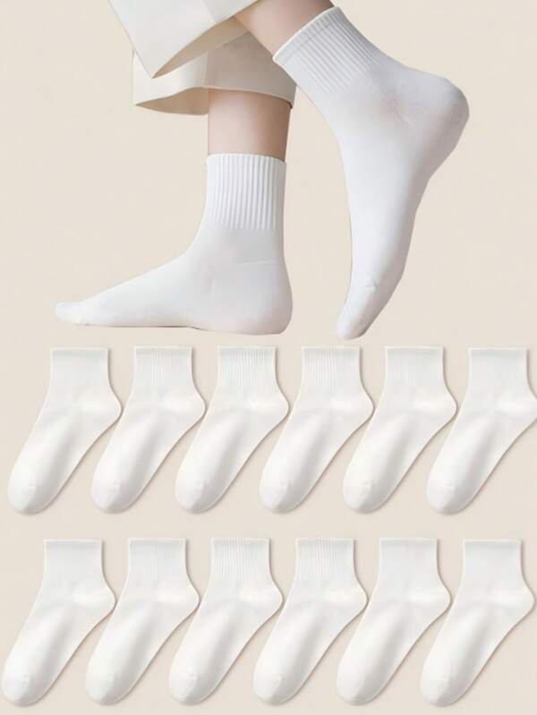 12 Pairs Women's Casual Versatile Solid Color Vertical Ribbed Moisture-Wicking Breathable Mid-Calf Socks