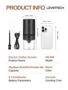 LEVIATECH Hadiah Hari Valentine: Penggiling Kopi Portabel Isi Ulang USB - Inti Penggiling Keramik Profesional, Kehalusan Dapat Diatur, Cocok untuk Rumah, Kantor, Perjalanan, Sekolah, dan Acara Lainnya - HB985 - View 4