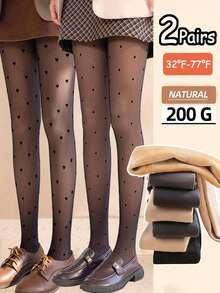 2pcs Thermal Lined Warm Polka Dot Heart Jacquard Faux Translucent Skin-Tone Printed Tights - Multicolor - View 1