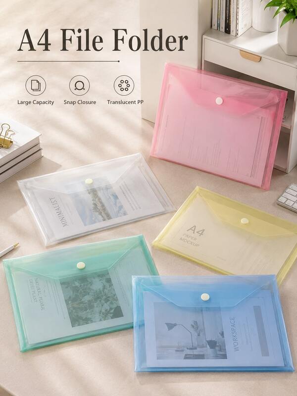 1pc A4 Transparent Plastic Snap Button File Folder, 5 Colors Available, Thickened Large Capacity Document Storage Bag, Essential Back To School Office Stationery Organizer