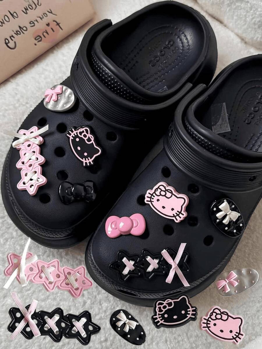 SANRIO 4/8/12pcs Cute Hello Kitty Shoe Charms - Multiple Designs Available, Including Pink Ribbon Star Bow, Clip, Cat And Heart Patterns, Black & Pink Accessories Suitable For Sandals, Clogs, Bags, Bracelets - Perfect Gift For Friends, Sparkling Shoe Decor, Bracelet Accessories, Fun Design, Durable Material, High-Quality Decoration (Random Style) - Pink - View 1
