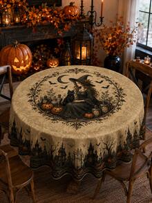 Halloween Tablecloth, Gothic Witch Tablecloth With Magic Cauldron, Witch Hat, Black Cat, Pumpkin, Bat, Moon And Haunted Castle Pattern, Vintage Autumn Dining Room Decor, Suitable For Kitchen, Party Gathering, Indoor And Outdoor Use - M - View 14